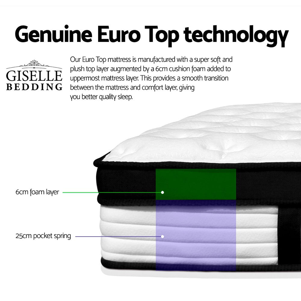 Bedding 31cm Euro Top Mattress Pocket Spring Medium Firm Single