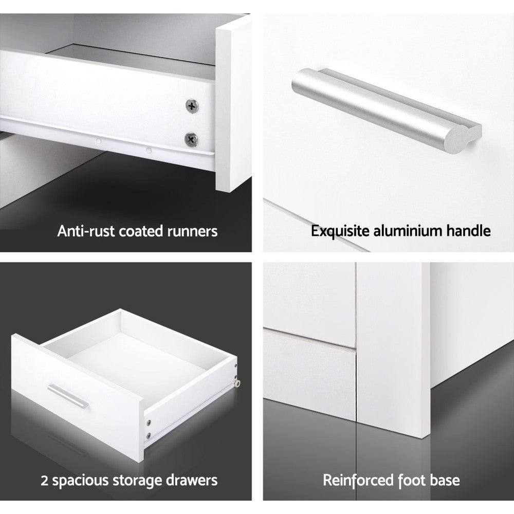Bedside Table 2 Drawer Nightstand Shelf White