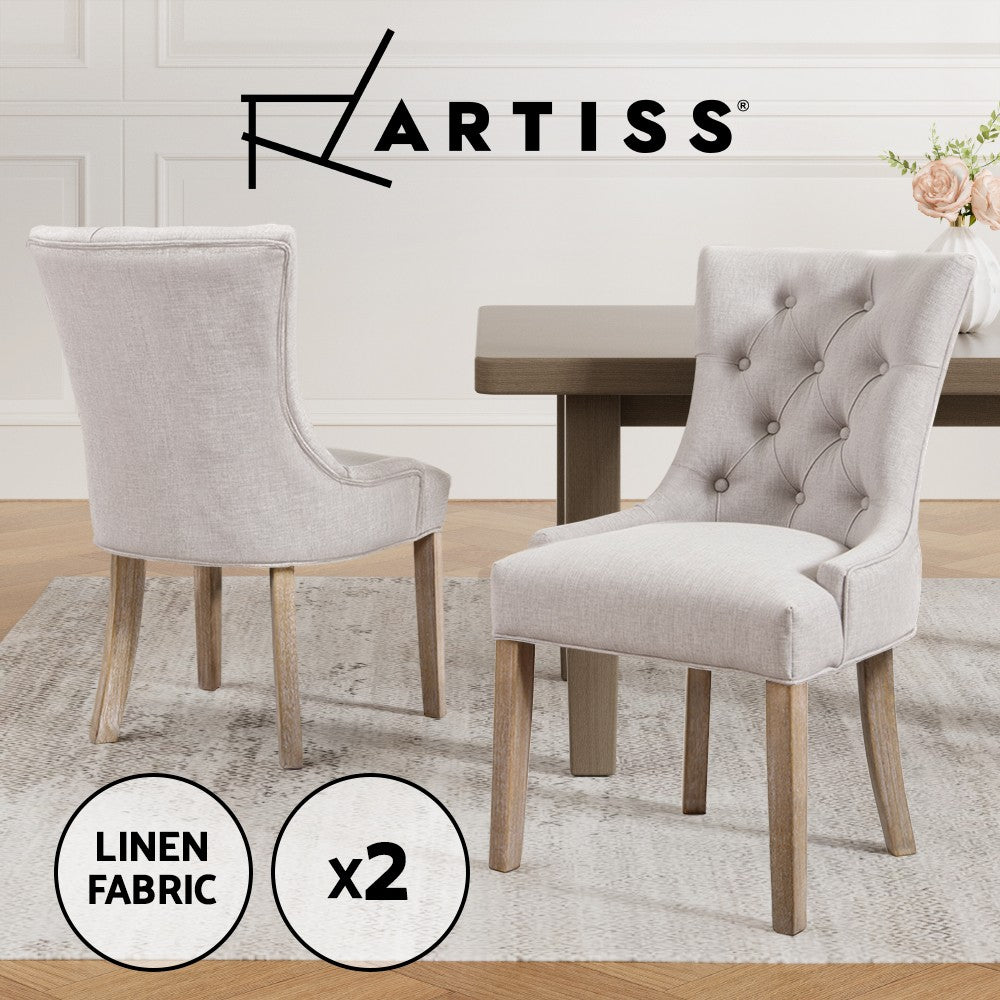 2x Dining Chairs French Provincial Linen Button Tufted Beige