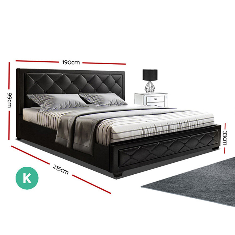 King Size Bed Frame Gas Lift Storage Wooden Black