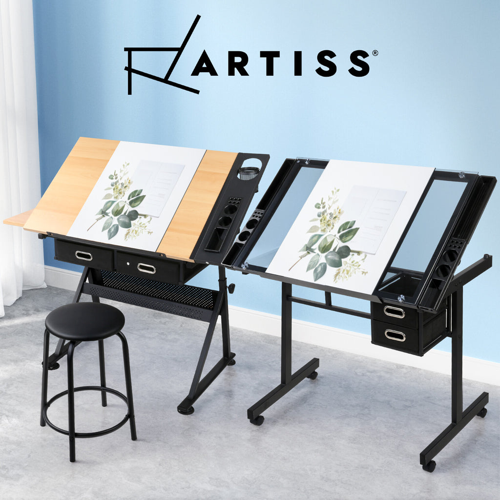 Drawing Desk Drafting Table Set with Stool Tilt Art Craft Black