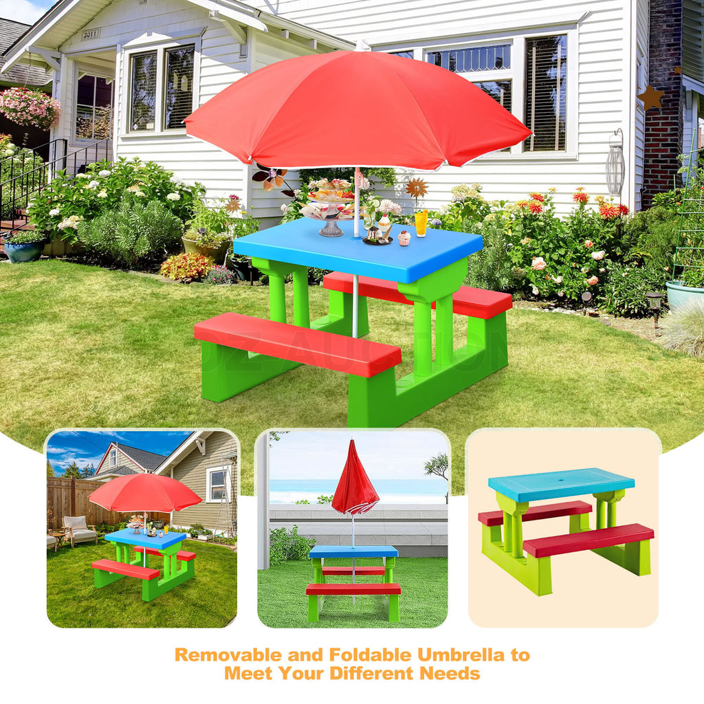 Multi-Color Kids Picnic Table – Outdoor/Indoor Bench & Umbrella Set