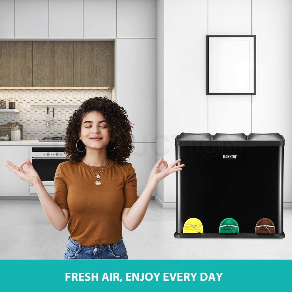 Maxkon 54L Pedal Rubbish Bin Triple Compartment Waste Can Black