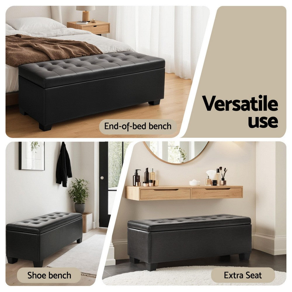 97cm Leather Storage Ottoman Blanket Box Bench Black