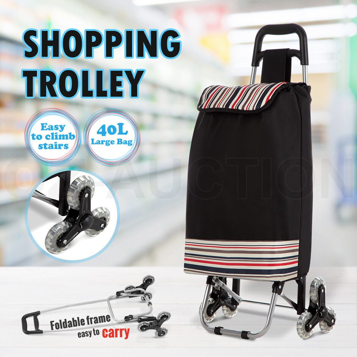 Waterproof Foldable Grocery Cart – Nylon Basket with Wheels