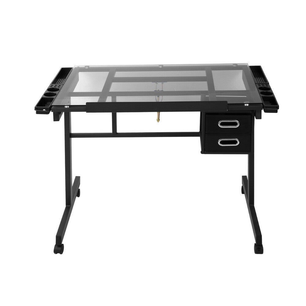 Drawing Desk Drafting Table Adjustable Glass Art Drawers Black