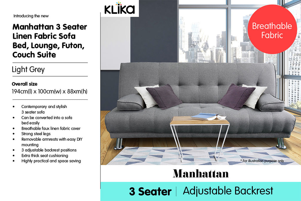 Manhattan Sofa Bed Light Grey Linen Convertible Lounge Suite