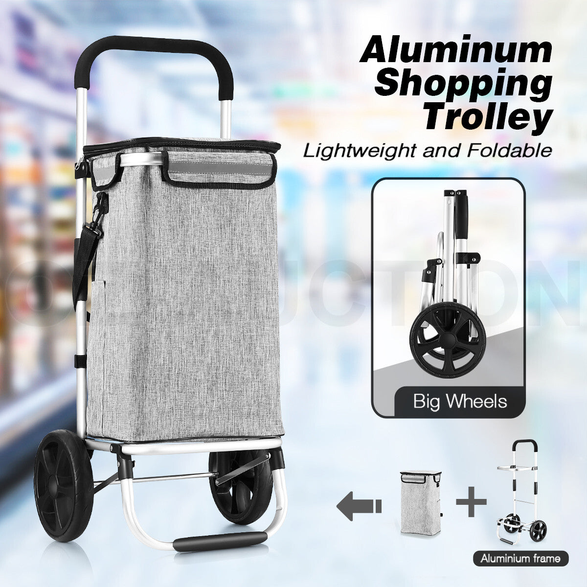 Aluminium Foldable Shopping Trolley Cart with Grocery Storage Bag