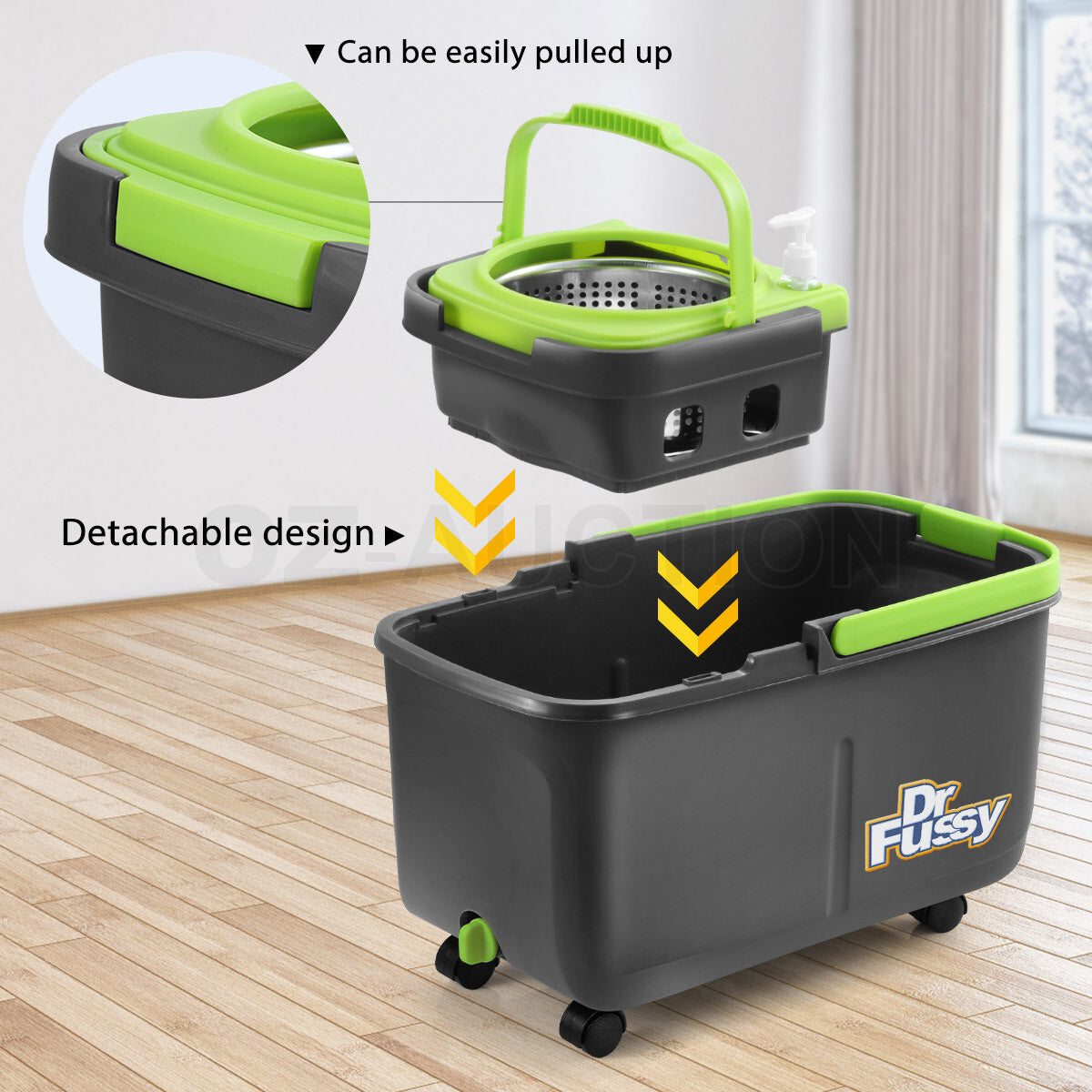 360° Rotating Spin Mop – DR FUSSY Bucket System with 4 Mop Heads