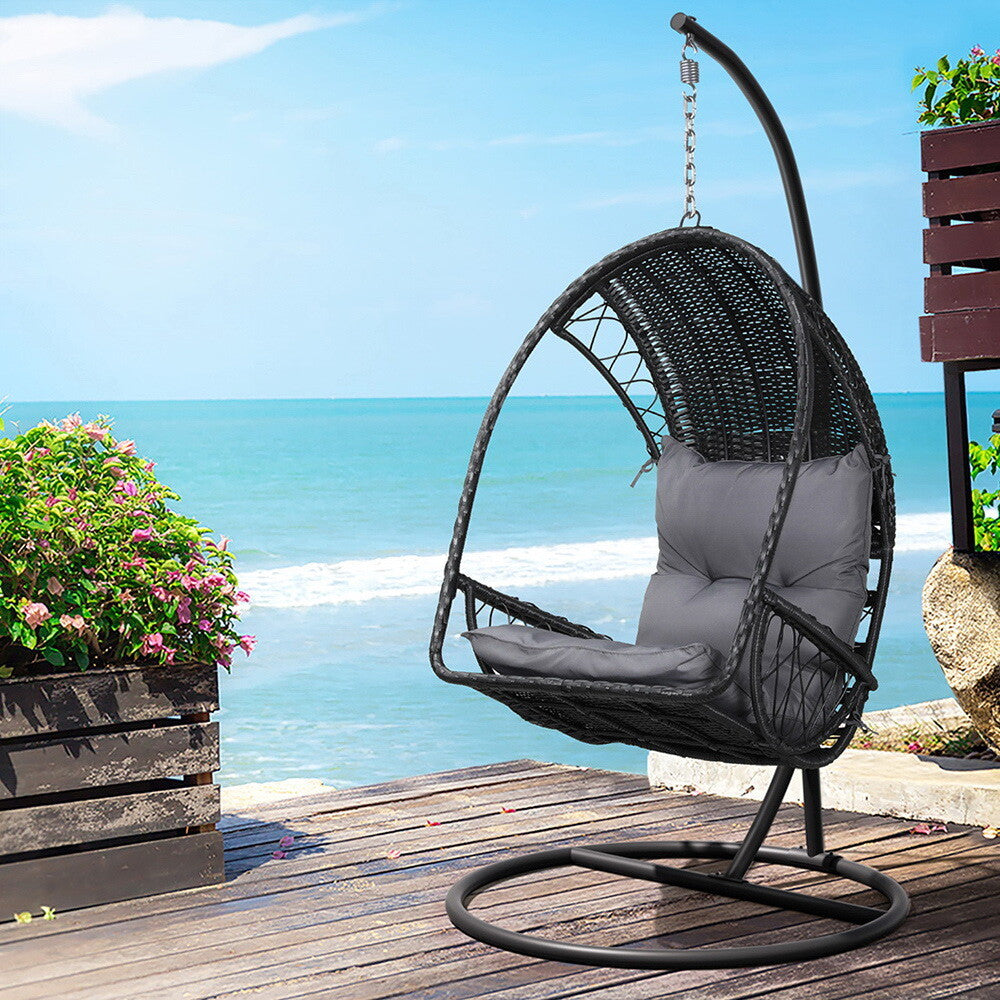 Outdoor Wicker Egg Swing Chair Pod Stand Armrest Black