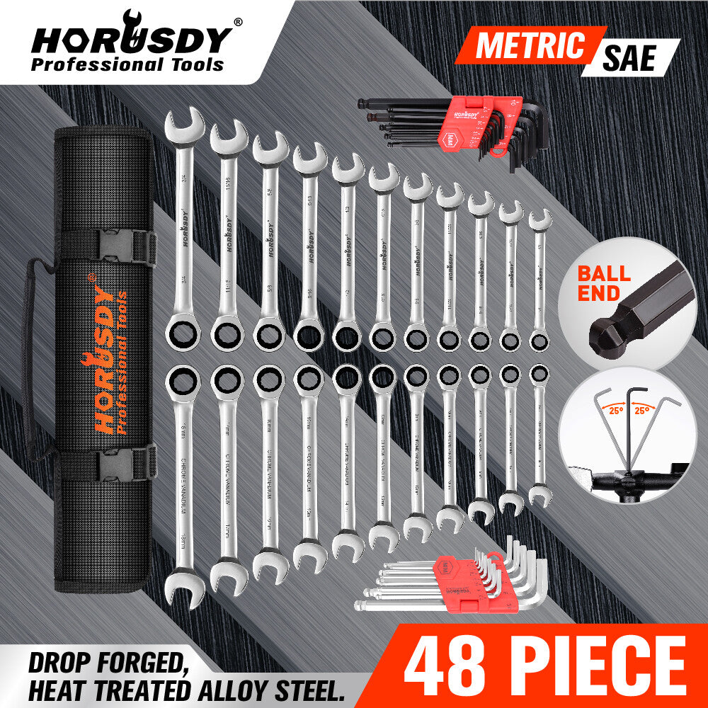 48pc HORUSDY Tool Set – Ratchet Spanners & Allen Keys with Roll Pouch