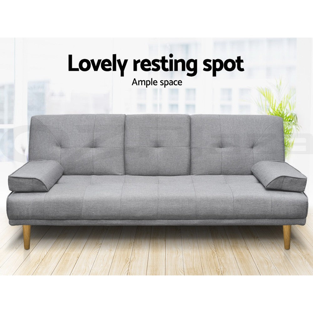 3 Seater Sofa Bed Futon Lounge Fabric Cup Holder Grey