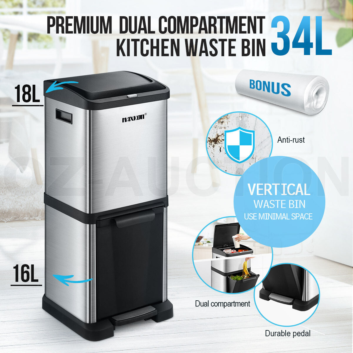 Maxkon 34L Pedal Bin – Dual Compartment Rubbish & Trash Can