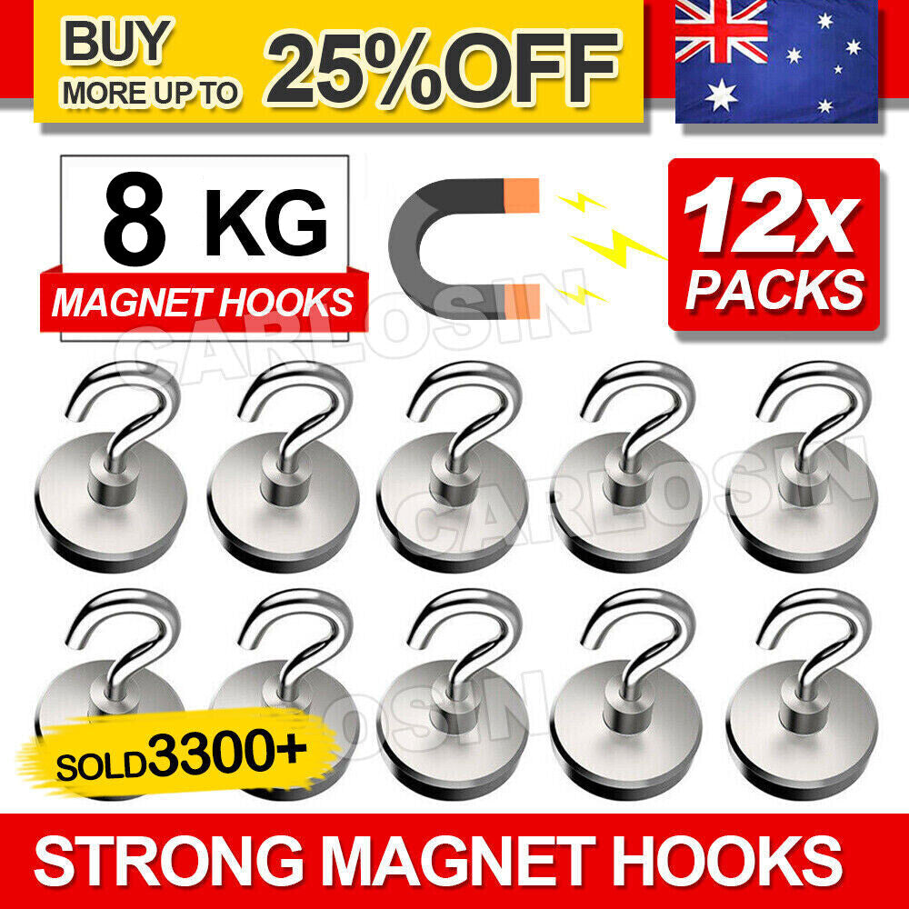 12x Neodymium Magnet Hooks Rare Earth Magnetic Hanger Holder 8kg AU