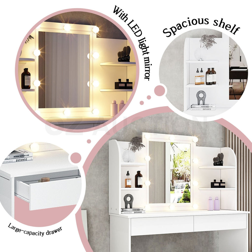 Dressing Table Makeup Mirror with Stool Drawer & Light Bulbs