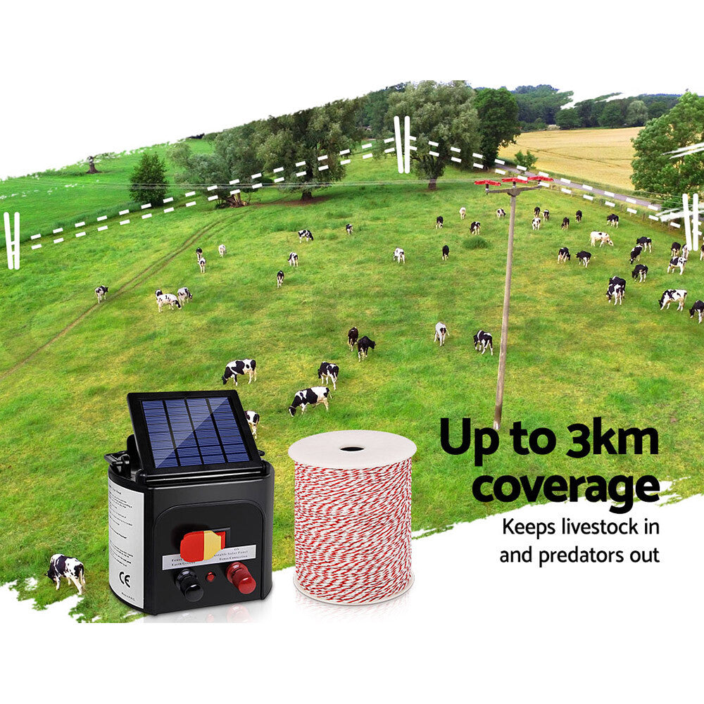 3km Solar Electric Fence Energiser Kit 500m Wire
