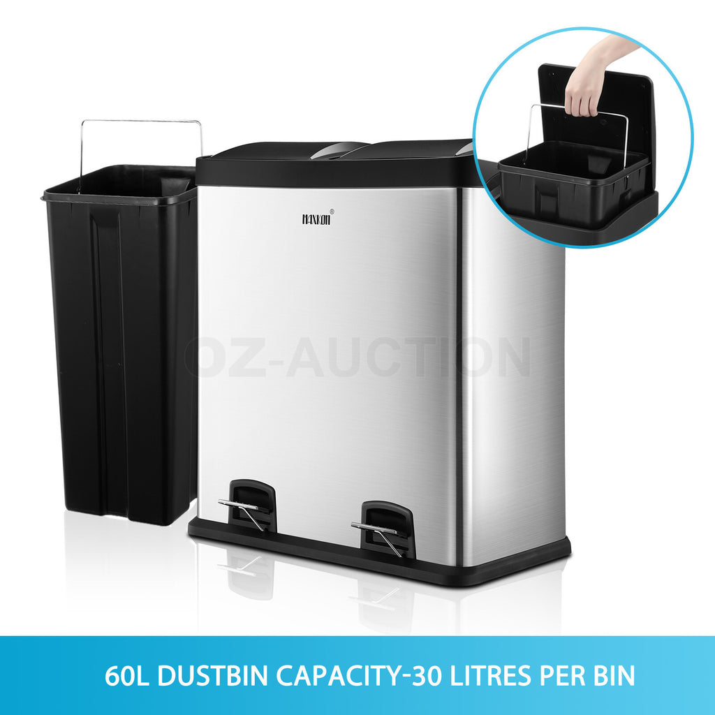 Maxkon 60L Stainless Steel Refuse Bin – Dual Pedal Kitchen Waste