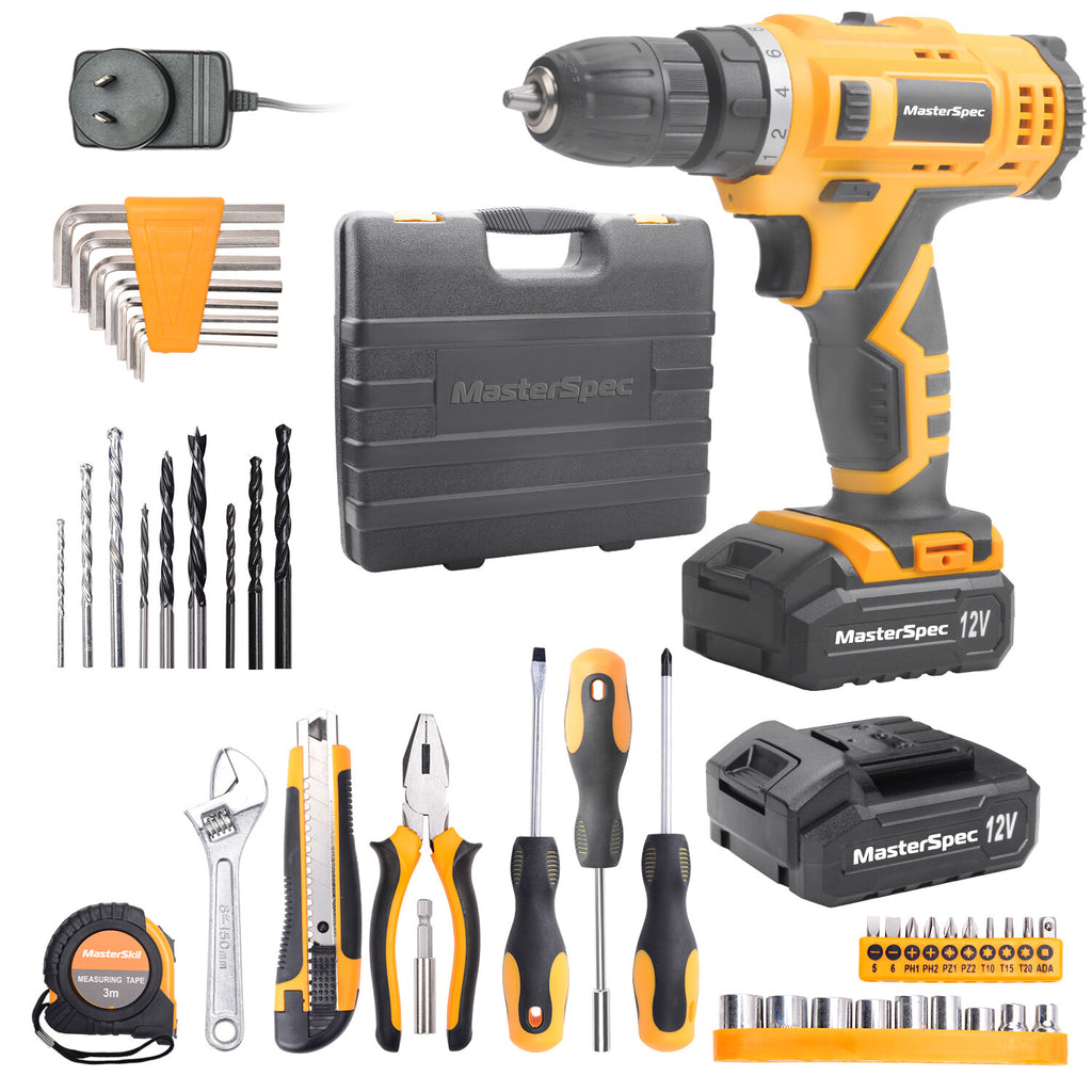 47pc 12V Cordless Drill Driver Set – Household Hand Tool Kit with 2 Batteries