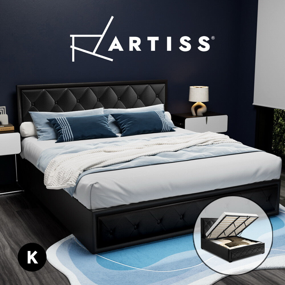 King Size Bed Frame Gas Lift Storage Wooden Black