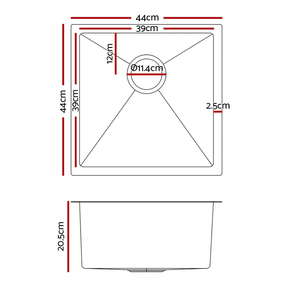 44x44cm Stainless Steel Kitchen Sink Single Bowl Silver