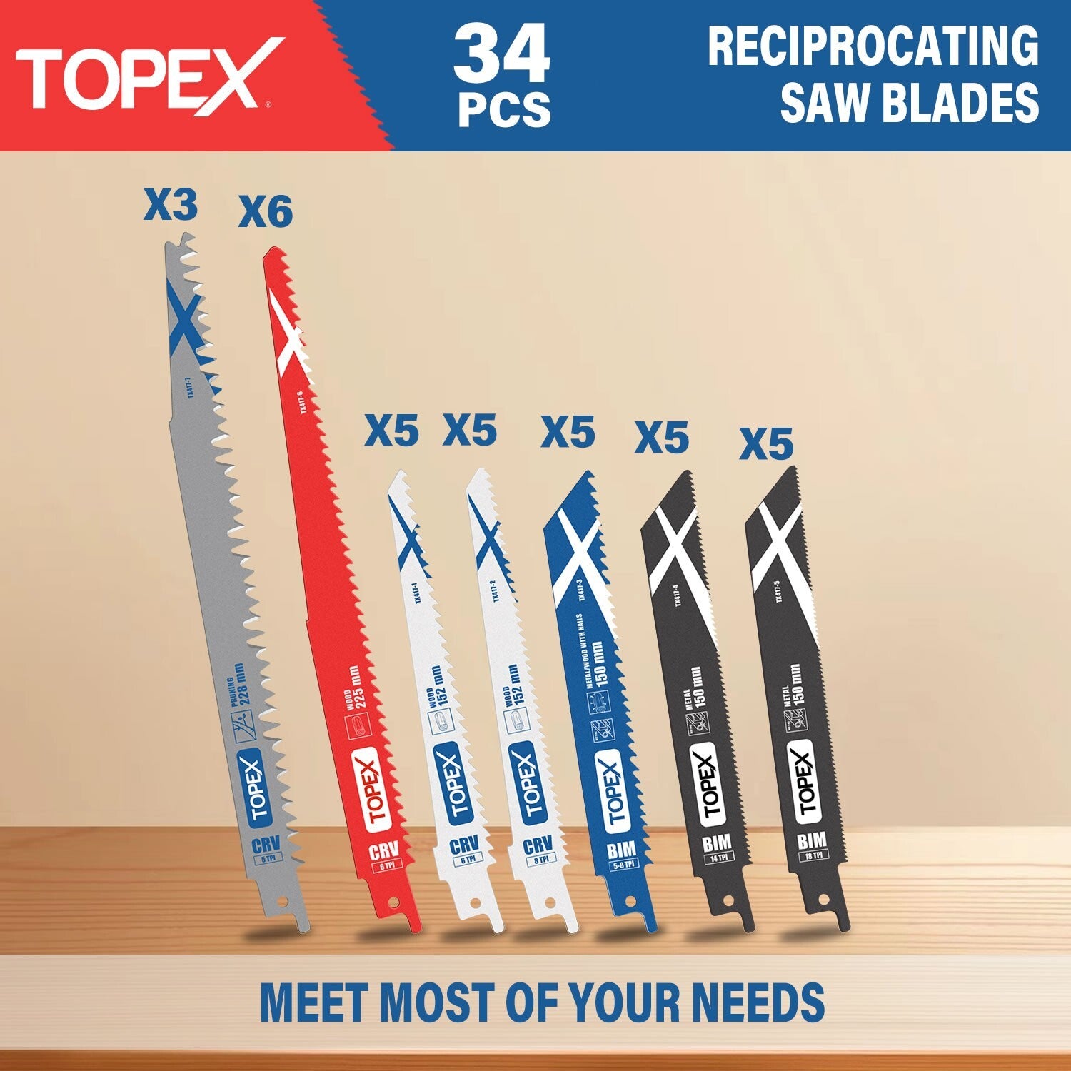 34pc Reciprocating Saw Blades – 5-8 TPI for Metal & Wood