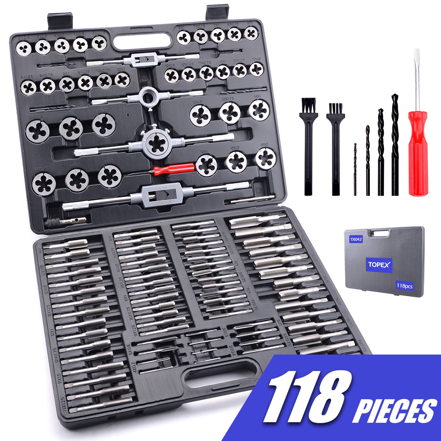 118pc Tap & Die Set – Metric Screw Thread Drill Kit M2-M18