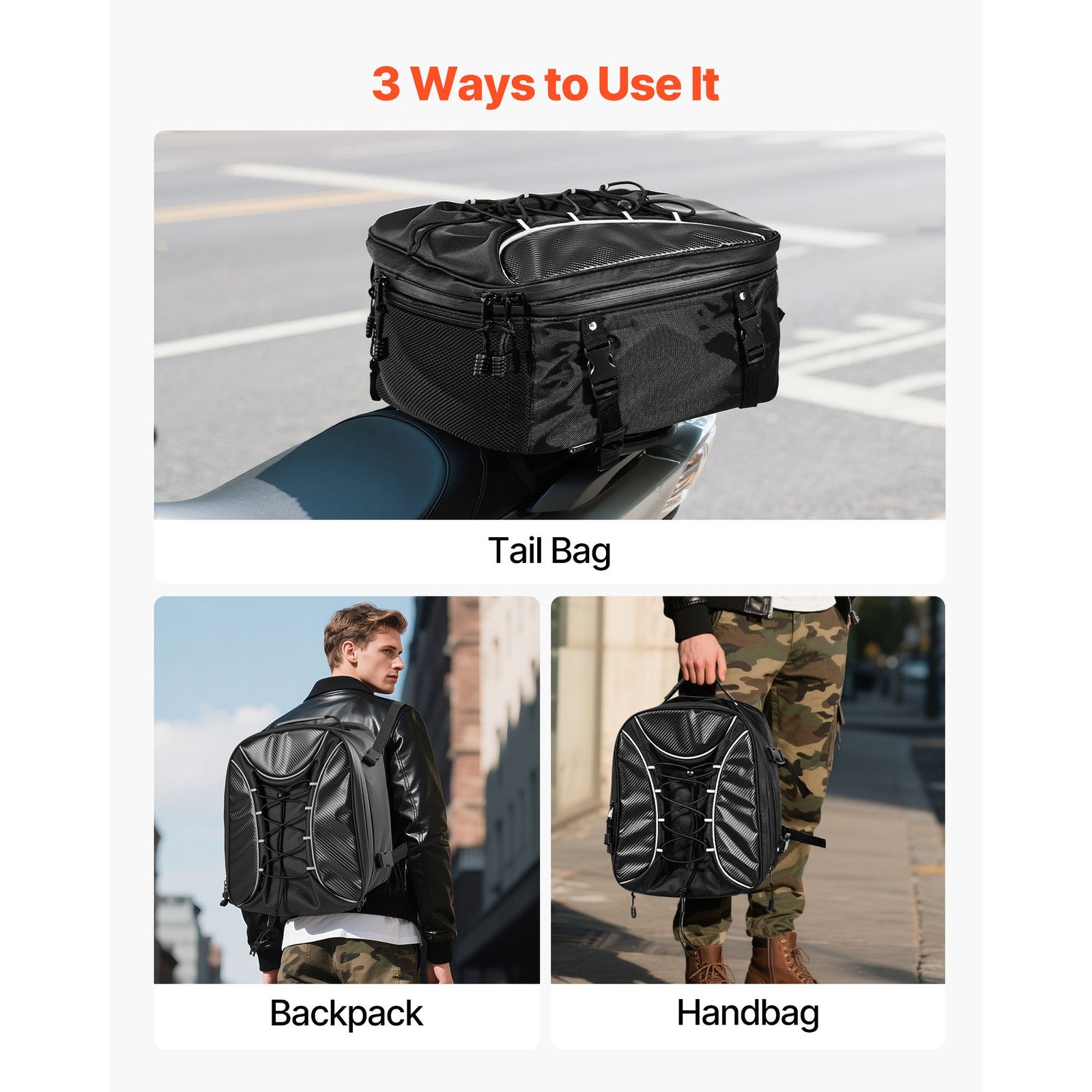 Uimoso Expandable Motorcycle Tail Bag Rear Seat Luggage Storage Backpack 22-34 L