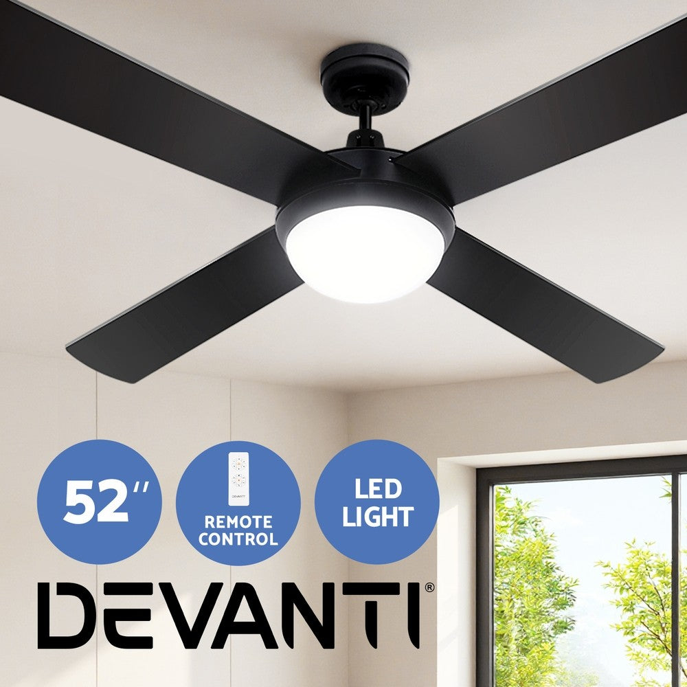 52'' DC Ceiling Fan 4 Blades LED Light Remote Timer Black