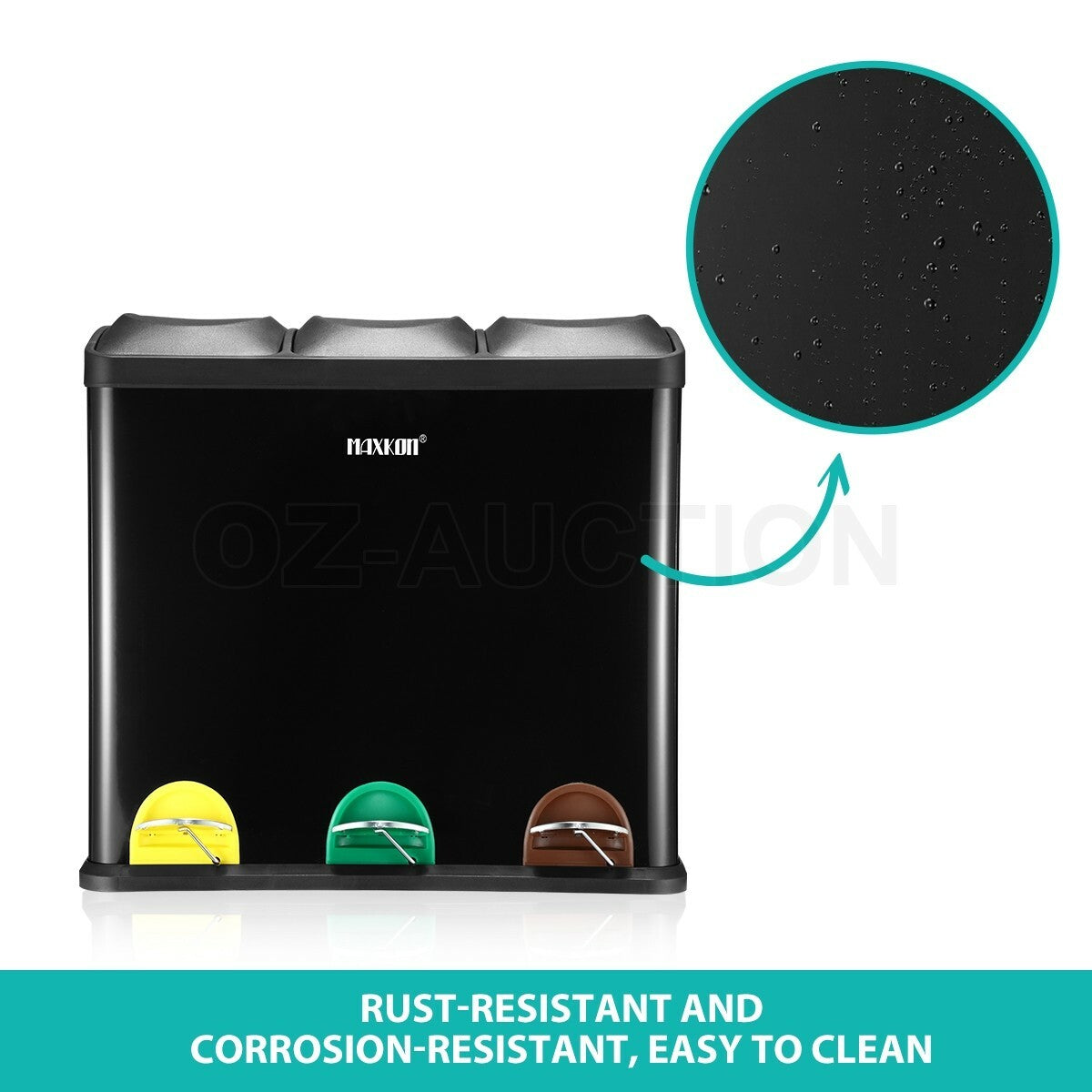 Maxkon 54L Pedal Rubbish Bin Triple Compartment Waste Can Black