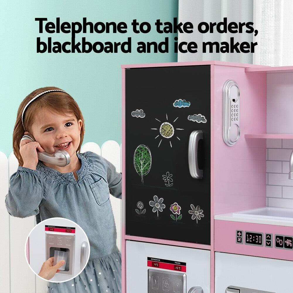 Kids Wooden Pretend Kitchen Play Set Oven Blackboard 80cm Pink