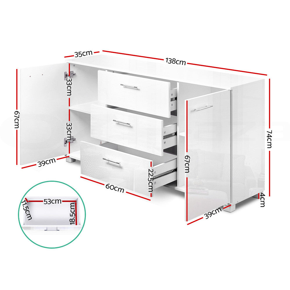 Buffet Sideboard Cabinet High Gloss Storage Drawers White