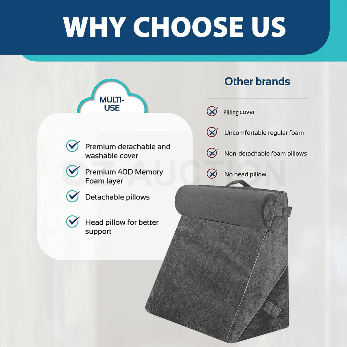 3PCS Wedge Pillow Set – Memory Foam Bed, Neck & Leg Support, Grey