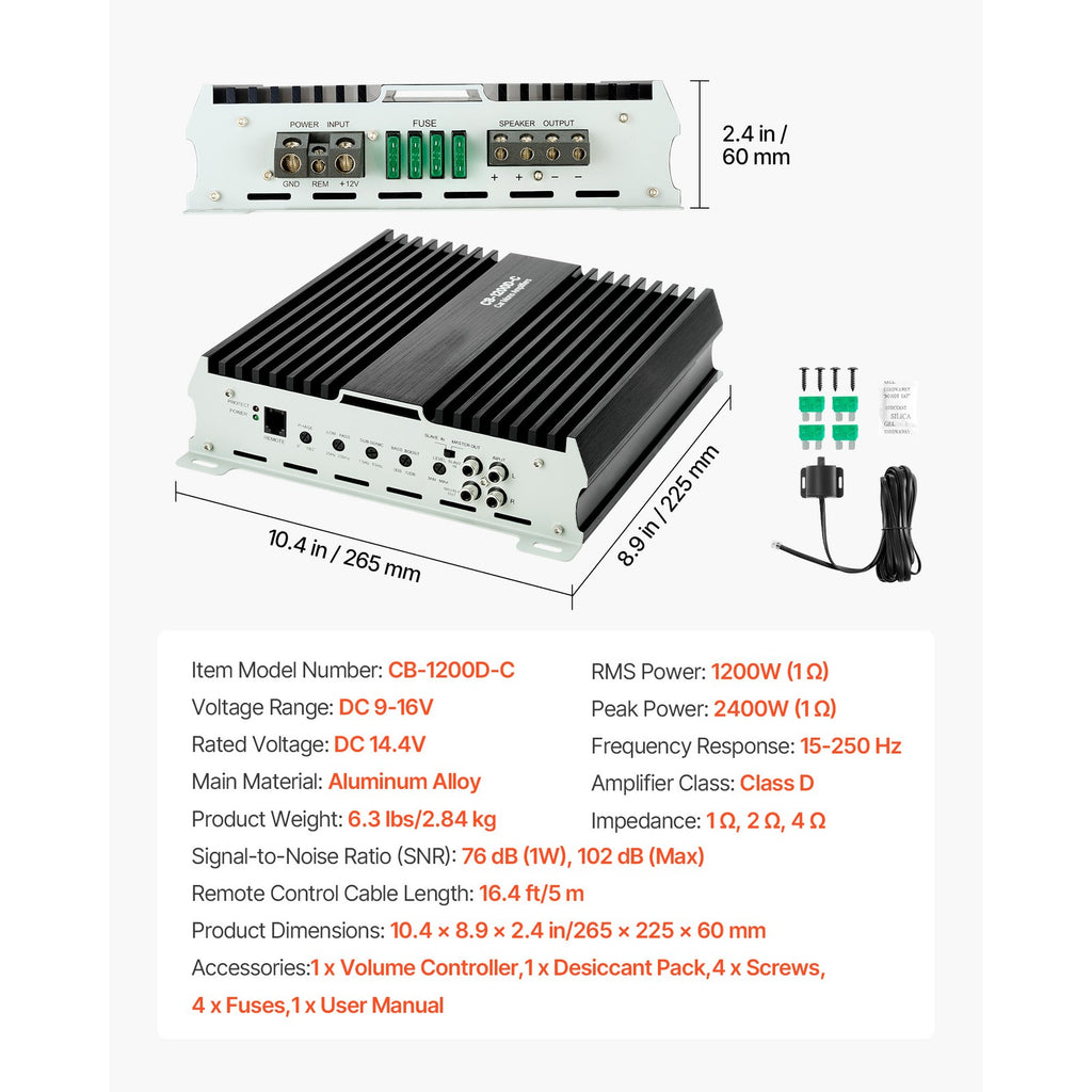Uimoso Monoblock Class D Car Amplifier for Subwoofers, 1200W RMS, 1/2/4 Ohm