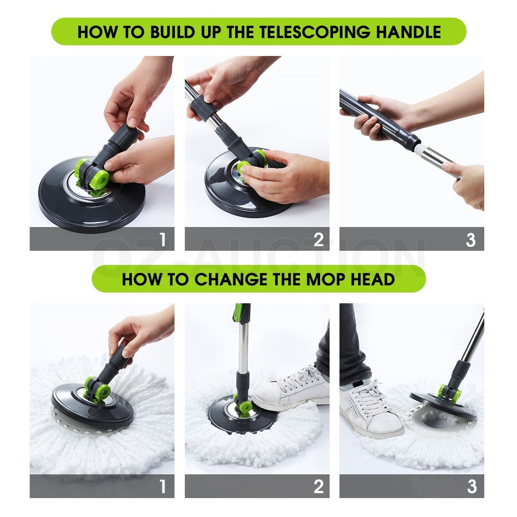 360° Rotating Spin Mop – DR FUSSY Bucket System with 4 Mop Heads