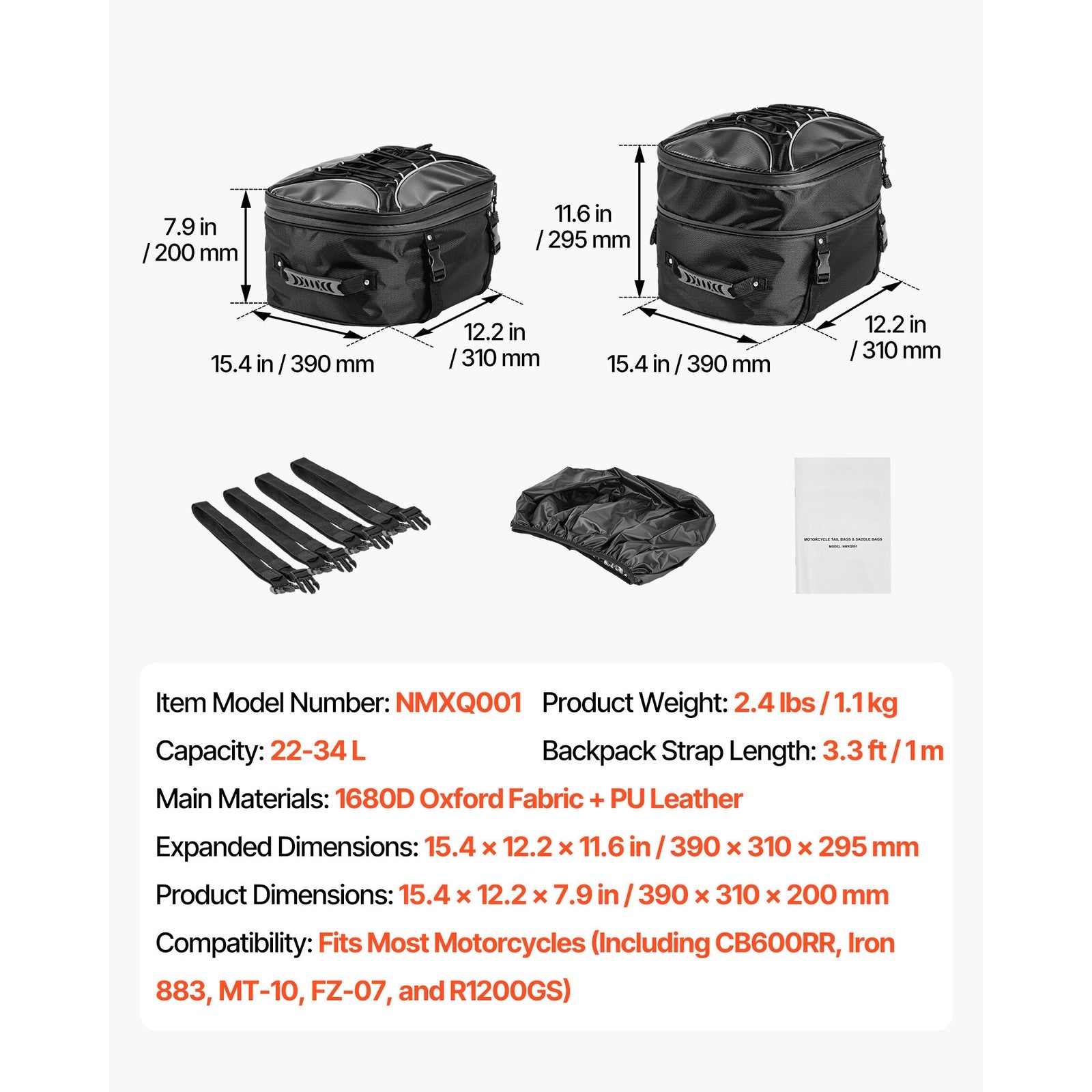 Uimoso Expandable Motorcycle Tail Bag Rear Seat Luggage Storage Backpack 22-34 L
