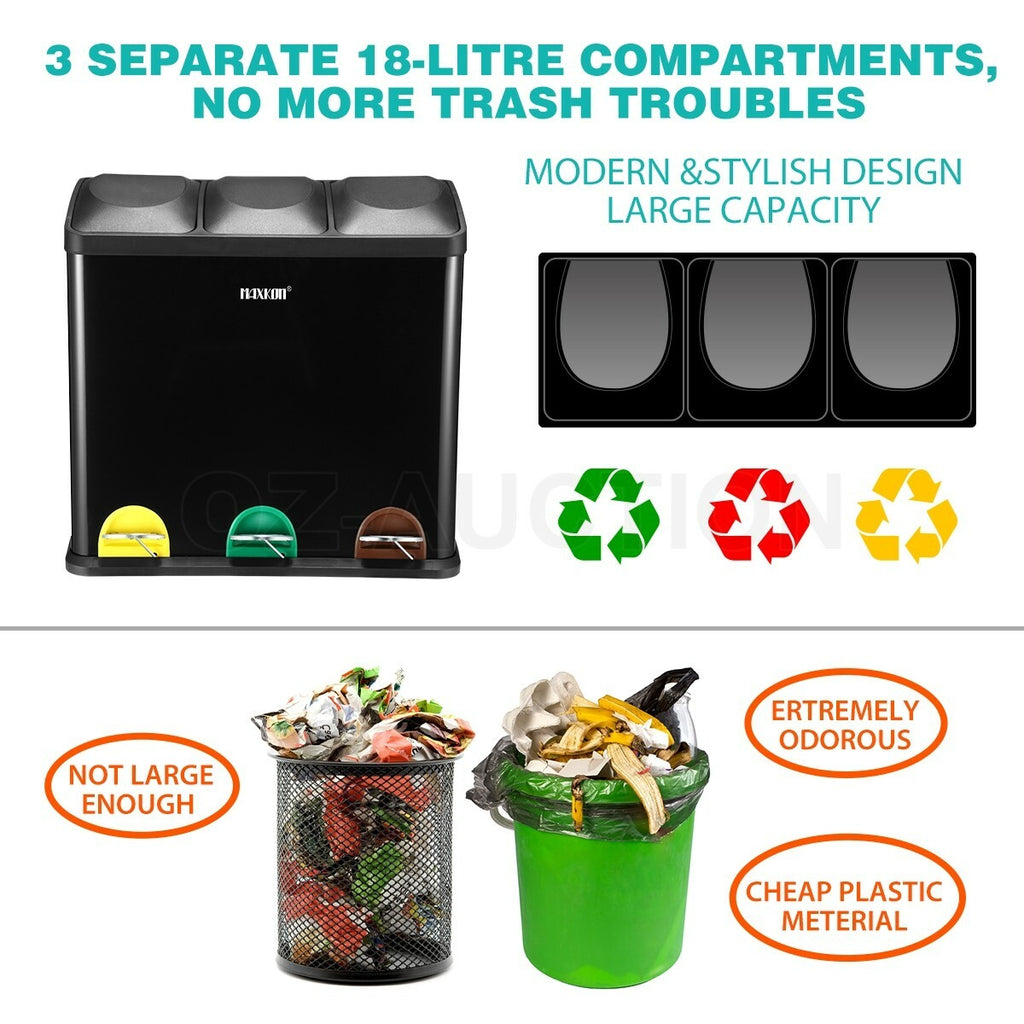 Maxkon 54L Pedal Rubbish Bin Triple Compartment Waste Can Black