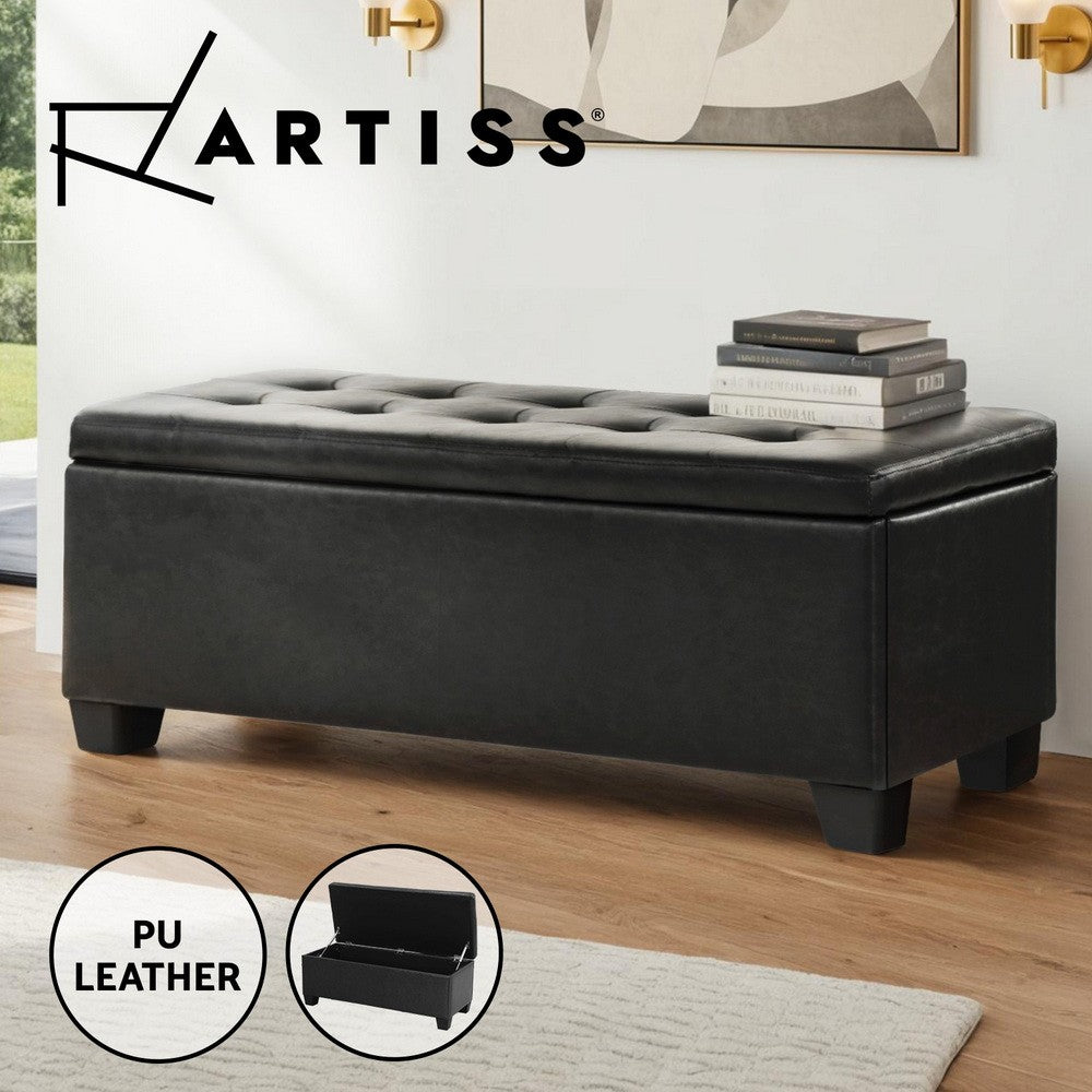 97cm Leather Storage Ottoman Blanket Box Bench Black