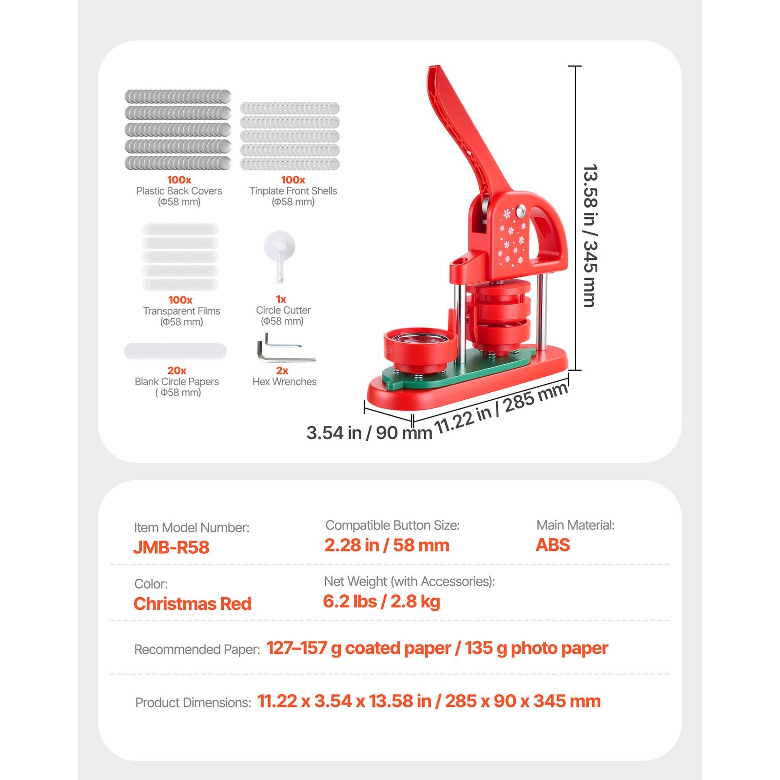 Uimoso Button Maker Machine 58 mm with 100 Plastic Pin Parts - Red