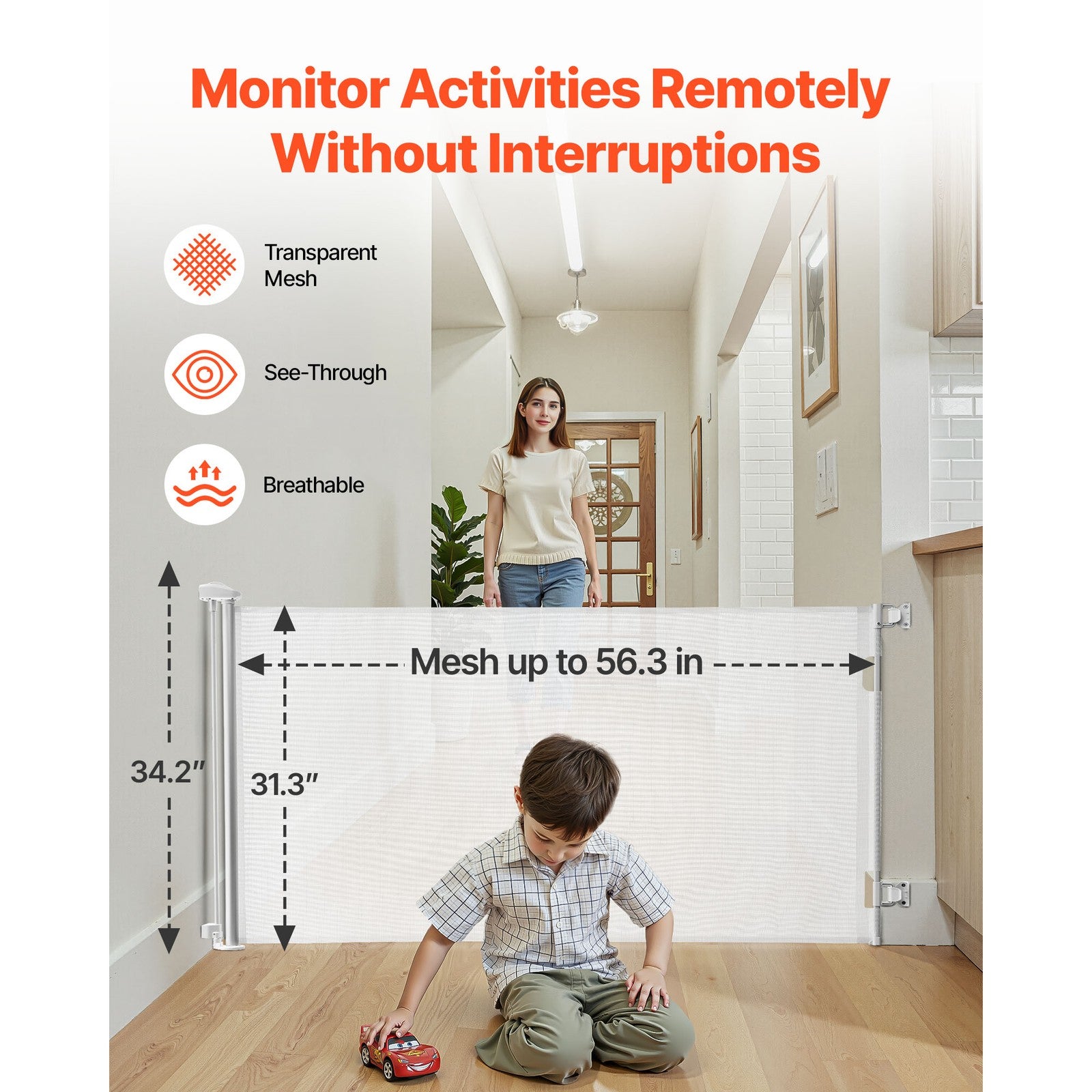 Uimoso Retractable Mesh Gate for Pets and Babies, 1430 mm W, 795 mm Tall, White